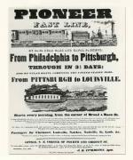 A broadside advertising the "Pioneer Fast Line," including an image of a steam engine pulling a passenger car, and a canal boat being pulled by three horses.