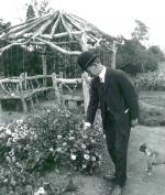 A man in a suit stands in a garden