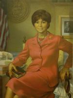 Oil on canvas of a black woman wearing a red two piece suit, three strings of pearls, and seated.