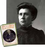 A portrait of Ida Tarbell and an inset photograph of a cover of McClure's Magazine with John D. Rockefeller's portrait