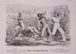 The print shows a group of four black men–possibly freedmen–ambushed by a posse of six armed whites in a cornfield. 
