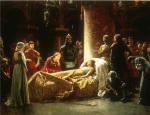 Oil on canvas of the illuminated, beautiful Lady Elaine, lying lifeless in her bed, with her mourners gathered around her. From the legends of King Arthur.