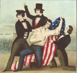 Three men supporting kneeling man holding flag. Death of George Shifler, in Kensington. Born Jan. 24, 1825, Murdered May 6, 1844. J.L. Magee, lith., Published by Wm. Smith, 706 So. Third St., Phila. Shifler, an 18-year-old apprentice leather worker, was the first to fall in the Kensington Bible Riots of 1844 and instantly became a nativist martyr. 