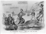An anti-Catholic cartoon, reflecting the nativist perception of the threat posed by the Roman Church's influence in the United States through Irish immigration and Catholic education. The "Propagation Society" is probably the Catholic proselytizing organization, the Society for the Propagation of the Faith. At right, on a shore marked "United States," Brother Jonathan, whittling, leans against a flagpole flying the stars and stripes. "Young America," a boy in a short coat and striped trousers, stands at left, holding out a Bible toward Pope Pius IX, who steps ashore from a boat at left. The latter holds aloft a sword in one hand and a cross in the other. Still in the boat are five bishops. One holds the boat to the shore with a crozier hooked round a shamrock plant. Pope: "My friend we have concluded to take charge of your spiritual welfare, and your temporal estate, so that you need not be troubled with the care of them in future; we will say your prayers and spend your money, while you live, and bury you in the Potters Field, when you die. Kneel then! and kiss our big toe in token of submission." Brother Jonathan: "No you dont, Mr. Pope! your'e altogether too willing; but you cant put 'the mark of the Beast' on Americans." Young America: "You can neither coax, nor frighten our boys, Sir! we can take care of our own worldly affairs, and are determind to "Know nothing" but this book, to guide us in spiritual things." ("Know nothing" is a "double entendre," alluding also to the nativist political party of the same name.) First bishop: "I cannot bear to see that boy, with that horrible book." Second bishop: "Only let us get a good foot hold on the soil, and we'll burn up those Books and elevate this Country to the Same degree of happiness and prosperity, to which we have brought Italy, Spain, Ireland and many other lands." Third bishop: "Sovereign Pontiff! say that if his friends, have any money, when he dies; they may purchase a hole, for him in my cemetery, at a fair price." Fourth bishop: "Go ahead Reverend Father; I'll hold our boat by this sprig of shamrock." The Gale catalog lists another, smaller print issued by Currier in 1853, entitled "The Propagation Society–More Freedom than Welcome."