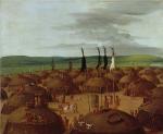 An oil on canvas Bird's eye view of the Mandan Indian Village consisting of round indian huts and villagers.