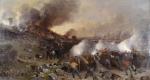 Oil on canvas of a battle scene, with soldiers in the foreground firing cannons at advancing soldiers. Smoke fills the scene. One can see battle flags just on the horizon.'