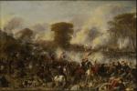 Battle scene with soldiers riding horses and carrying American Flags. Foot soldiers engaged in battle. '