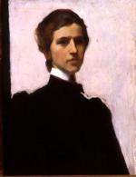 A formal portrait of the artist dressed in black, with her hair pulled back