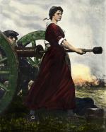 Molly Pitcher wears a burgundy velvet dress with white trim as she stands courageously loading the cannon for battle.