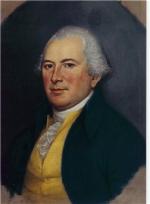Formal color portrait of Thomas Mifflin wearing a dark suit with a yellow vest and ruffled shirt. '