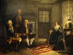 Betsy Ross presents the flag to George Washington, Colonel George Ross, and the Honorable Robert Morris. Washington sits in a chair to the left, Morris sits to his right, and Colonel Ross stands. Betsy Ross, sits holding the flag for display, as it spreads across her lap and across the floor. '