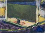 Patrons sit in the side box of the opera in this colorful pastel on board.'