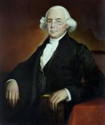 Oil on canvas portrait of James Wilson. Wilson is in formally dressed and seated. He has a receding hairline, gray hair, and is wearing spectacles. 