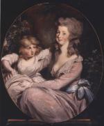 Oil on canvas of Mrs. Benedict Arnold wearing a low cut pink dress and sporting rosy red cheeks, with her daughter in a pale pink dress, sitting beside her.