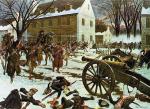 A battle scene on a colonial street, showing the American army advancing on the retreating Hessian forces.
