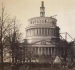 A view of Lincoln's first presidential inauguration and the US Capitol building, still under construction in 1861. Prior to the event, Lincoln traveled on an Inaugural Train, stopping in key cities including Harrisburg and Philadelphia.'