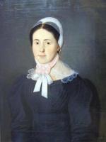 An early 19th century painting of a Moravian "Single Sister." Single women would be pictured wearing pink bows; married Sisters were pictured with blue bows. 