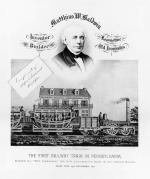Mathias W. Baldwin's image is inserted above the engraving of Philadelphia, Germantown, and Norristown Railroad Depot engraving to create a Baldwin poster 