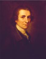 Oil on canvas portrait of Thomas Paine wearing a brown jacket and a white shirt with an ascot styled collar