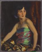 Oil on canvas of a Spanish dancer seated and posing while wearing a colorful, shoulder baring dress. '