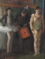 Oil on canvas board of a circus scene, consisting of a Strong Man, Clown with drum, and a female Dancer.'