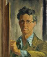 A self portrait of the artist drawing at his easel. He wears a tan jacket and a blue striped shirt.'