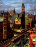 Oil on canvas of a darkened and overcast city scene, depicting high towered buildings, several with steeples, and a railroad station below where passengers are arriving and departing.'