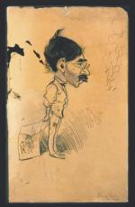 This Ink over graphite features a dark haired, mustached, exaggerated head on a thin out of proportioned body.'