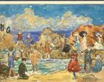 Watercolor on paper of brightly clothed sunbathers playing and sunning on the rocks, in the ocean, and on the beach.  A wave breaks against a blue sky.'