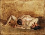 Oil on canvas of two men wrestling.'