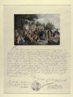 A handwritten letter by William Penn, with an image of the famous treaty scene.'