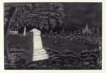 A charcoal drawing of a short obelisk marker in a park on the banks of a river.'