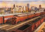 Grif Teller painting  Pittsburgh Promotes Progress, features red locomotives and coal cars.  