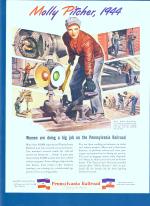 Pennsylvania Railroad 1944 Molly Pitcher poster. Molly is dressed in jeans and a red shirt as she works on the rails.