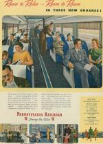 Colorful post-World War II advertisement shows people enjoying a ride on the spacious new coach on the Pennsylvania Railroad.