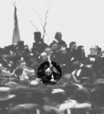 No photograph is known to exist of Lincoln making his speech, but this photo reveals Lincoln seated in the crowd on the speaker's platform, probably just before making his speech.