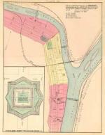 This 1878 map shows the positions of Fort Venango, Fort Machault and Fort Franklin at the confluence of French Creek and the Allegheny River, at what is now the city of Franklin, Pennsylvania. Fort Venango's design is detailed in the diagram on the left. 