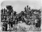 Completion of the First Transcontinental Railroad. Railroad workers celebrate at the driving of the Golden Spike Ceremony in Utah on May 10, 1869. 