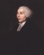 Depicts Joseph Priestly half-length, facing right in slight profile, seated in a upholstered chair, wearing a black coat, black vest, and shirt with white collar. He wears a powdered wig on his head.