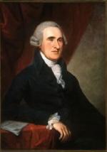 Oil on canvas of Thomas Mckean in a formal suit with frilled cuffs and rolled collar. He wears a powered white wig.'