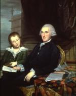 Oil on canvas of McKean seated, wearing a formal suit and powered wig. His son sits next to him, wearing a green velvet suit with a laced collar.   