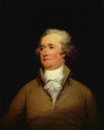 Oil on canvas of Alexander Hamilton, wearing a golden brown jacket and white ruffled shirt. 
