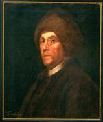 A oil on canvas portrait of Franklin, shown wearing his spectacles and the famous Canadian fur cap.