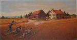 Oil on canvas of soldiers firing from a field ajacent to a farm house.