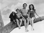 Johnny Weismuller and Maureen O'Sullivan in Tarzan Movie, with Boy and Cheeta.