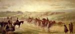 Watercolor of Lee's retreat, by Edwin Forbes. Pursuit of Lee's army. Scene on the road near Emmitsburg of a long column of troops marching.  