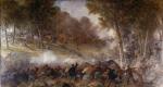 Battle of Gettysburg, 1870, by Peter Frederick Rothermel, side series, <i>Repulse of General Johnson's Division by General Geary's White Star Division.</i> Artist Peter F. Rothermel painted this Oil on canvas scene of Geary's troops repulsing a Confederate attack on their position on the morning of July 3. In the foreground are soldiers with their backs to the viewer and smoke from their gunfire is thick in front of them. In the far background, a fallen soldier lies on the ground while others are being wounded as they charge forward. A black dog leaps out ahead of the charging soldiers. The dog seen here was the mascot of the 1st Maryland Battalion, and was killed in the assault. 