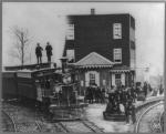 Arrival of official train at Hanover Junction. Man in top hat believed to be President Lincoln.