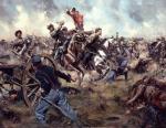 The "Gray Comanches" painting depicts Confederate Colonel Elijah White leading the 35th Battalion  Virginia Cavalry into the center of the battle.