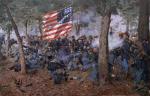 <i>The Iron Brigade,</i> by Don Troiani depicts the desperate rear guard fight of the 24th  Michigan on July 1st  near the Lutheran Seminary at Gettysburg. After Confederates shot several of his standard bearers, Colonel Henry A. Morrow raised the colors to rally his men, and was then grazed by a bullet to the head